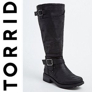TORRID BOOTS NWT BLACK OIL SUEDE BUCKLE KNEE-HIGH BOOTS